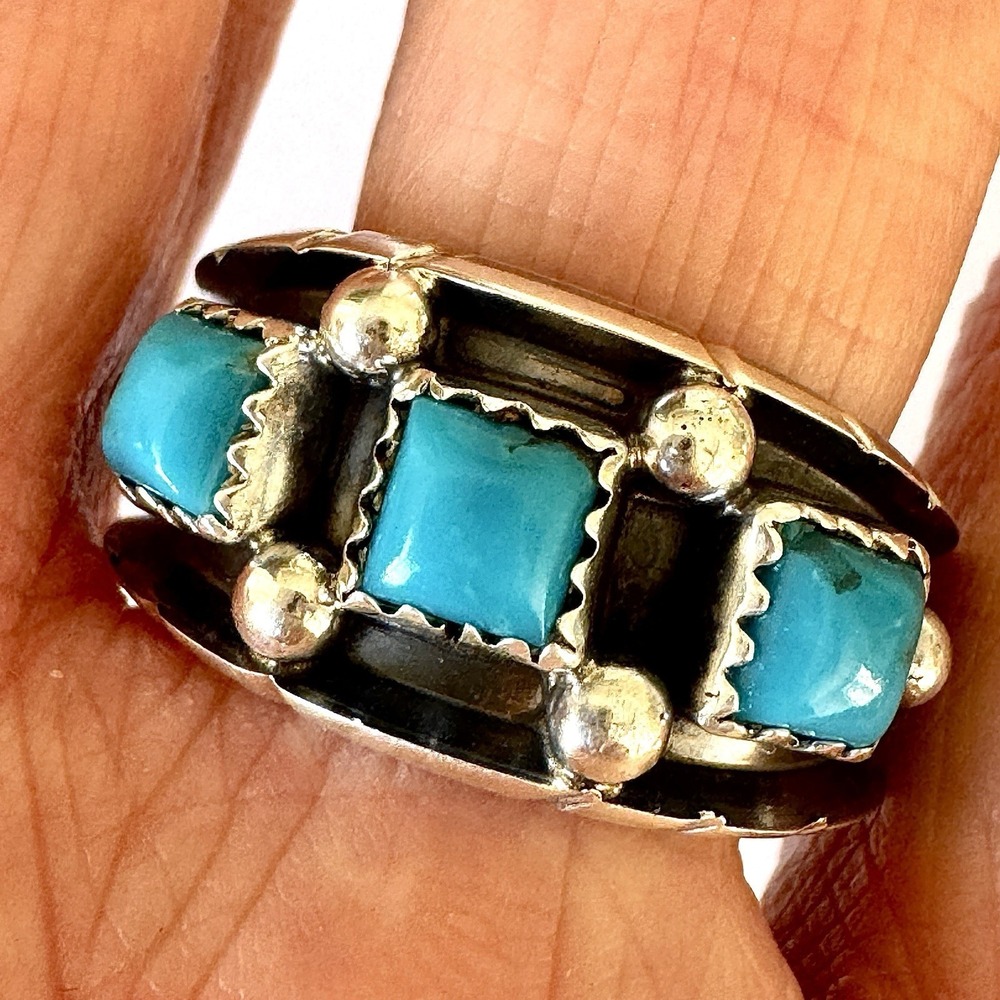 Navajo Turquoise Mens Band Sz 11 Three Stone‎ Ring 12mm Sterling Dark Cadman